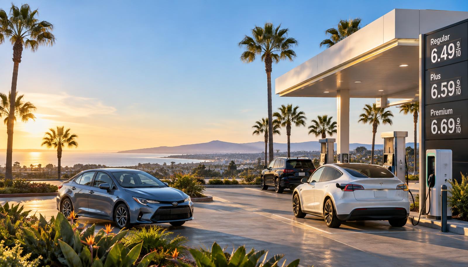 Cars beside a Southern California gas station showing high fuel prices