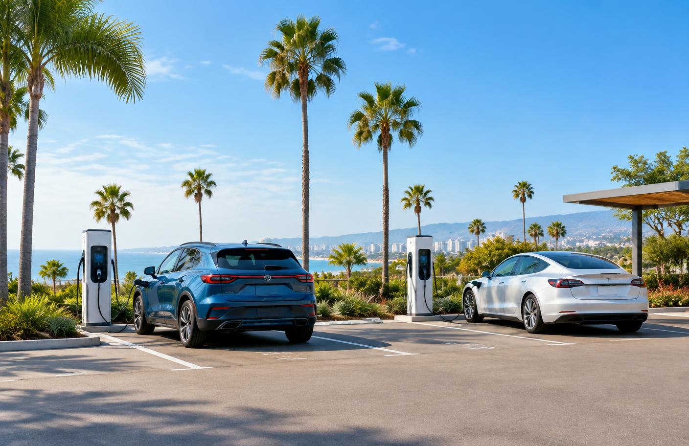 Electric vehicles charging at a sunny Southern California charging station