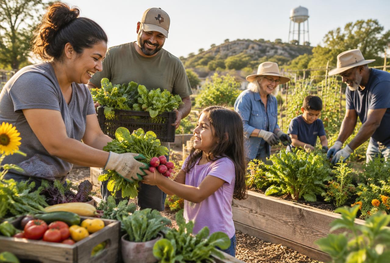 Round Rock neighbors sharing fresh produce in a community garden