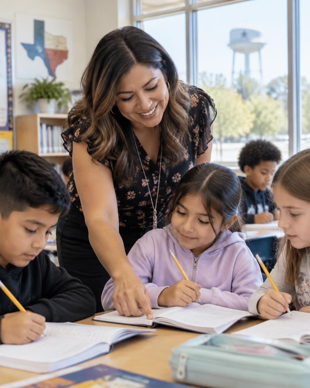 A teacher encouraging students in a Round Rock classroom